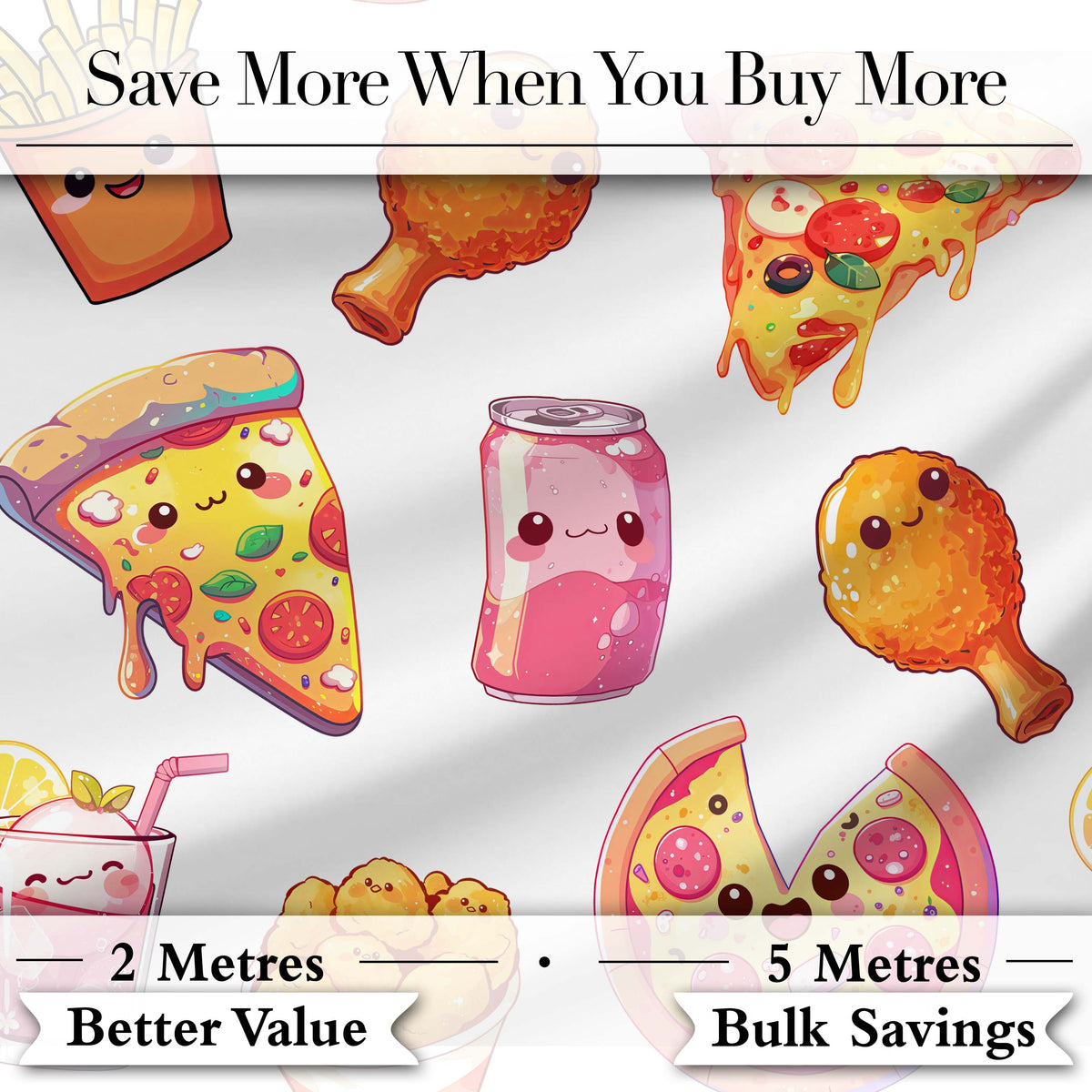 Kawaii Pizza Chicken Soda Fast Food Seamless Pattern Clean White Background Digital Print Fabric by the Metre UK Sewing Quilting Textile