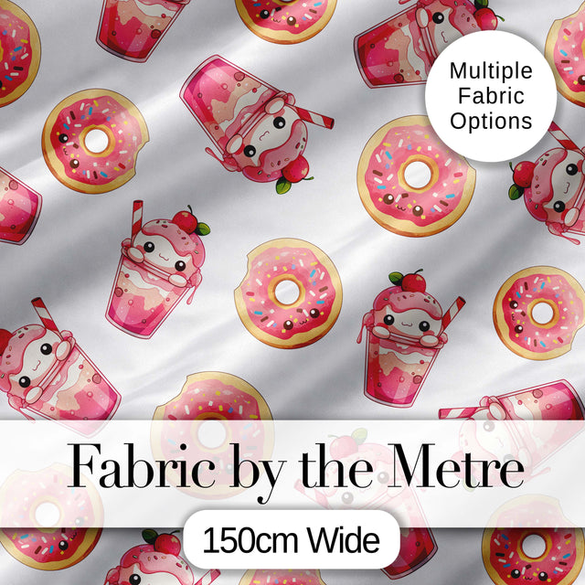 Cute Kawaii Donut Milkshake Dessert Seamless Pattern Pink White Background Digital Print Fabric by the Metre UK Sewing Quilting Textile