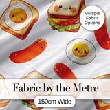 Cute Kawaii Breakfast Eggs Sausage Sandwich Seamless Pattern White Background Digital Print Fabric by the Metre UK Sewing Quilting Textile