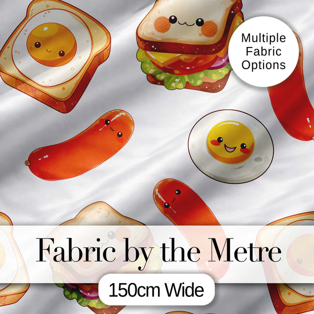 Cute Kawaii Breakfast Eggs Sausage Sandwich Seamless Pattern White Background Digital Print Fabric by the Metre UK Sewing Quilting Textile