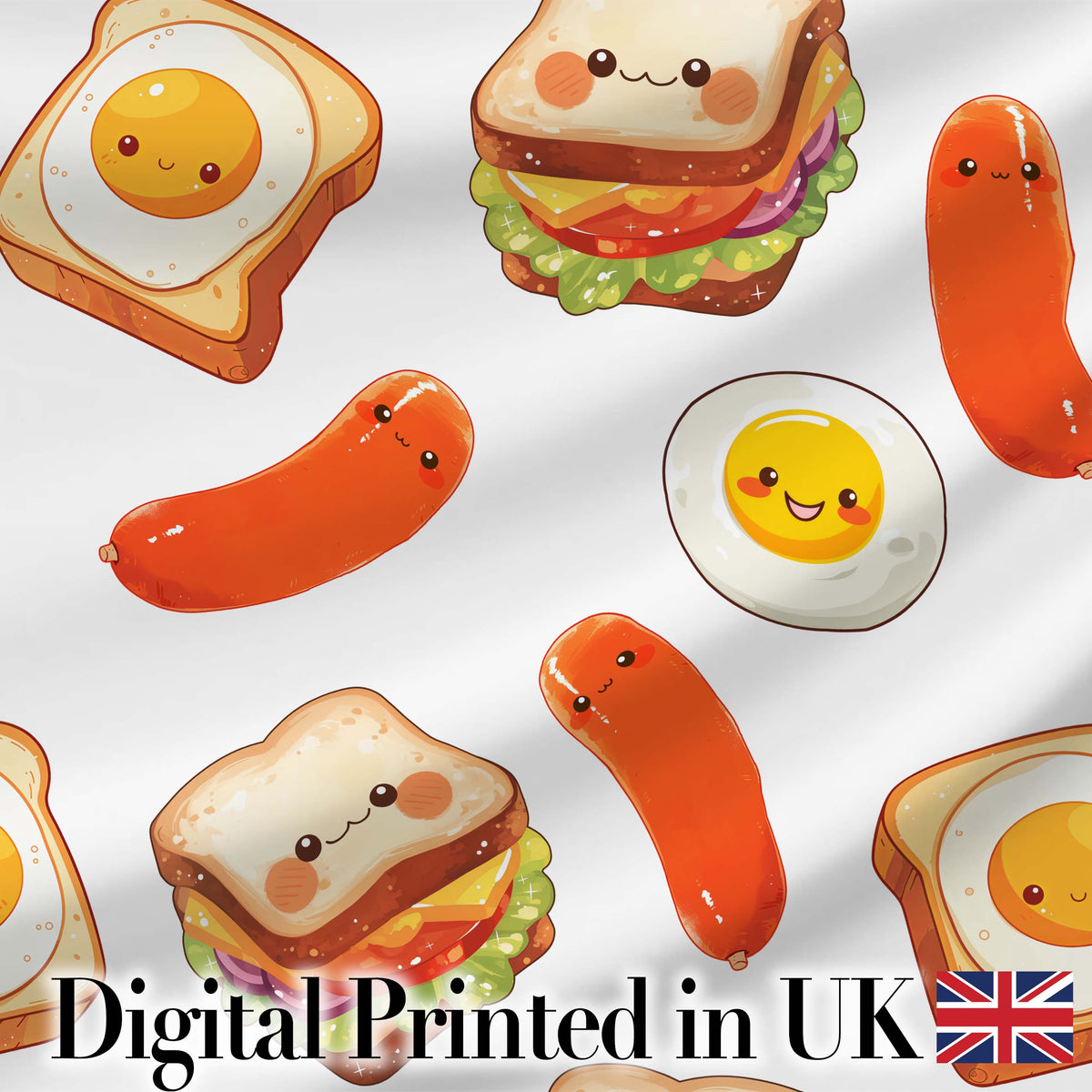 Cute Kawaii Breakfast Eggs Sausage Sandwich Seamless Pattern White Background Digital Print Fabric by the Metre UK Sewing Quilting Textile