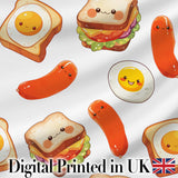 Cute Kawaii Breakfast Eggs Sausage Sandwich Seamless Pattern White Background Digital Print Fabric by the Metre UK Sewing Quilting Textile