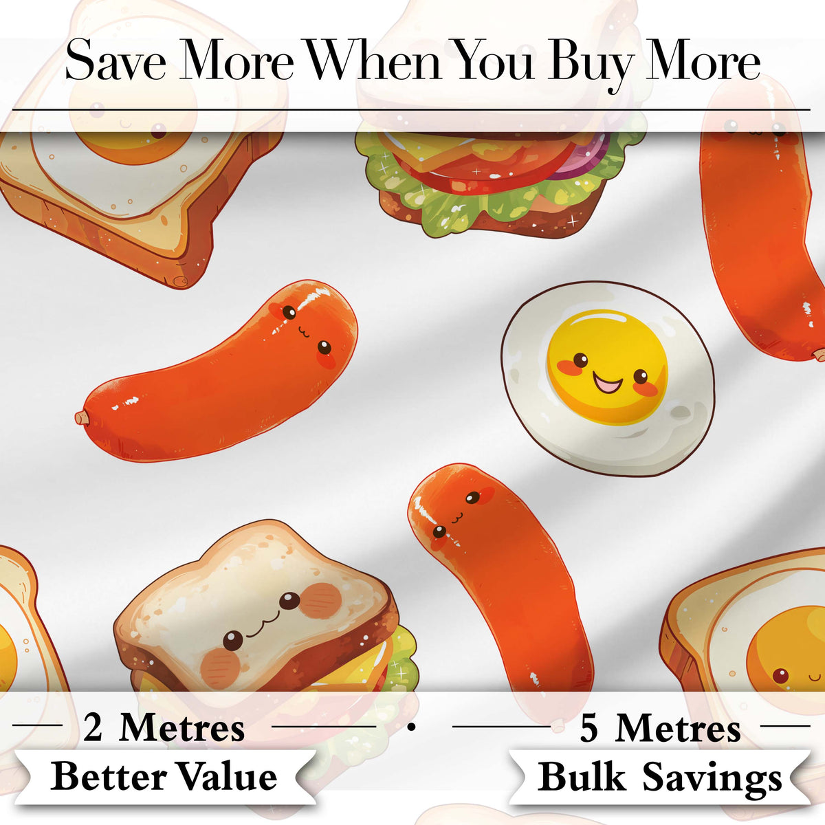 Cute Kawaii Breakfast Eggs Sausage Sandwich Seamless Pattern White Background Digital Print Fabric by the Metre UK Sewing Quilting Textile