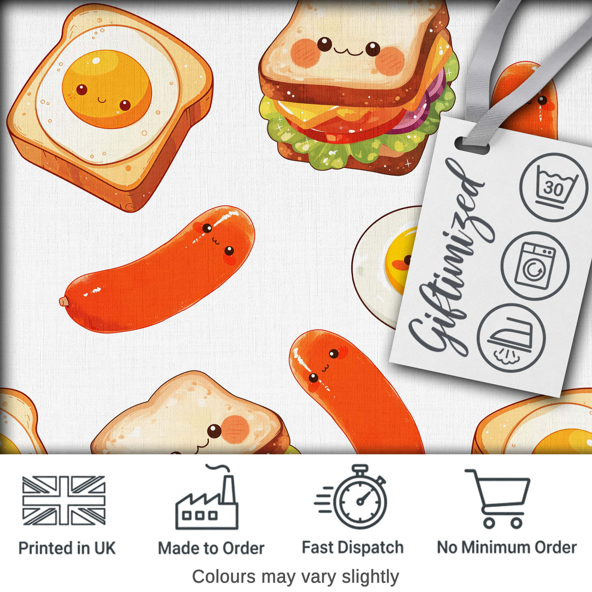 Cute Kawaii Breakfast Eggs Sausage Sandwich Seamless Pattern White Background Digital Print Fabric by the Metre UK Sewing Quilting Textile