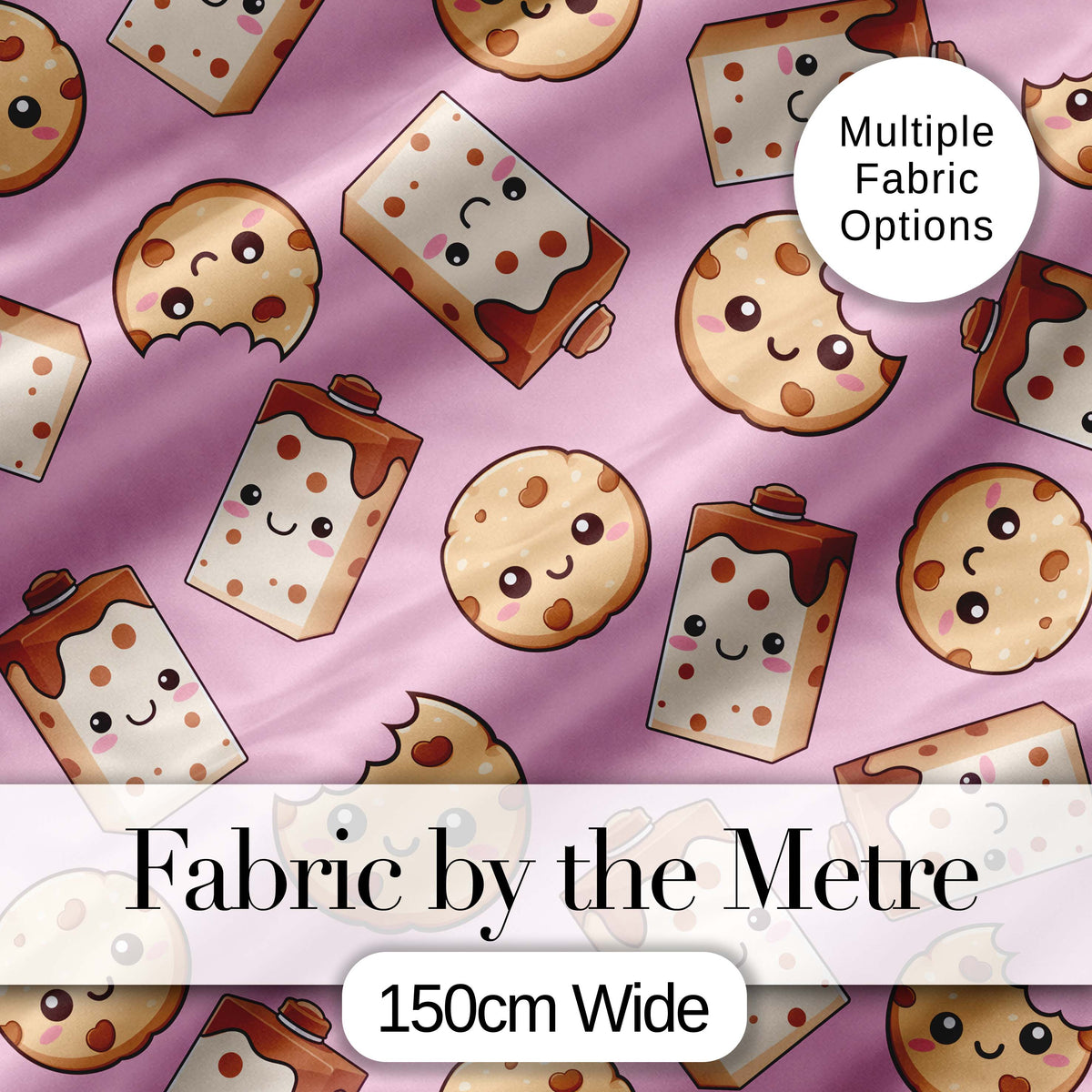 Cute Chocolate Milk and Cookies Kawaii Cartoon Sweet Snacks Seamless Pattern Digital Print Fabric by the Metre UK Sewing Quilting Textile
