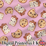 Cute Chocolate Milk and Cookies Kawaii Cartoon Sweet Snacks Seamless Pattern Digital Print Fabric by the Metre UK Sewing Quilting Textile