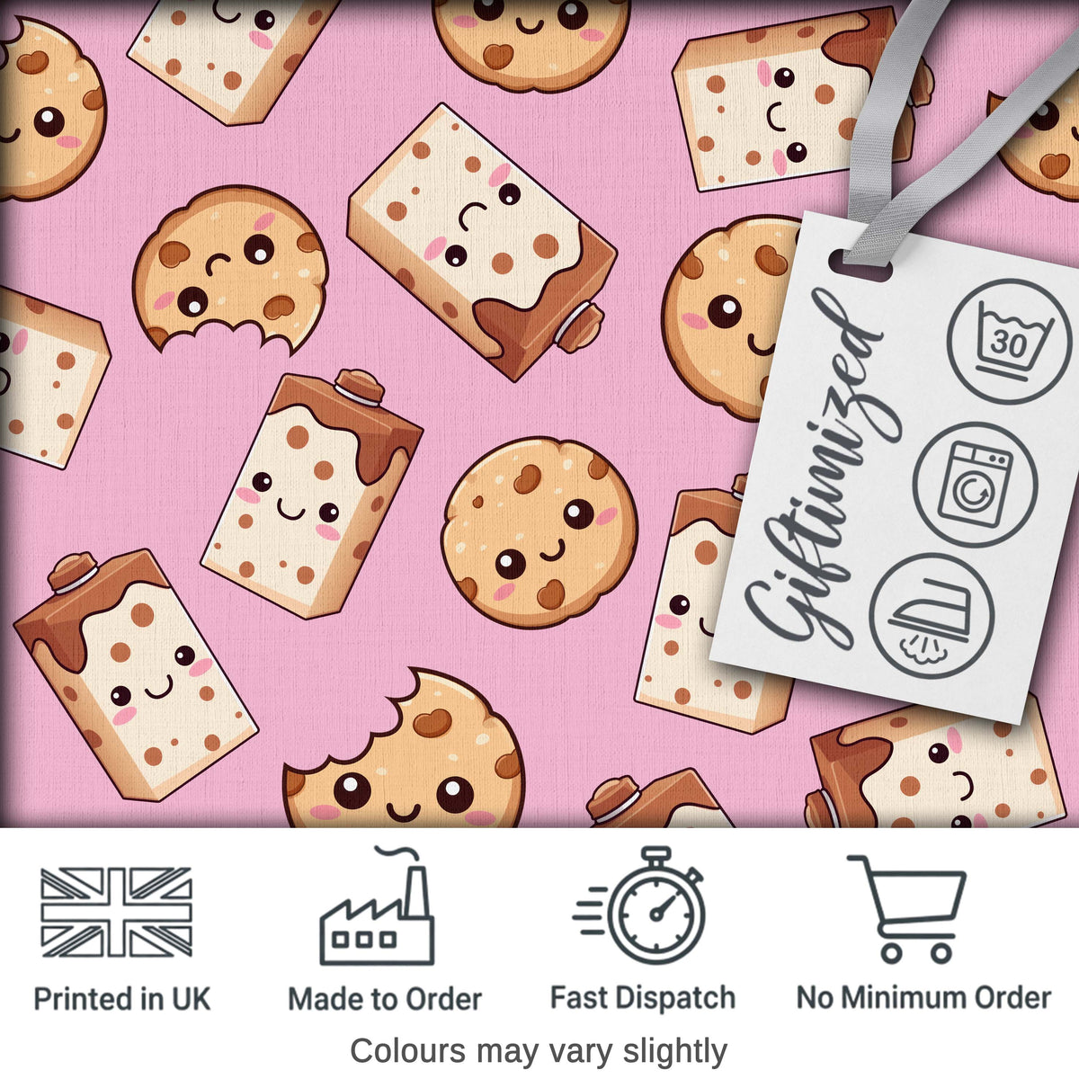 Cute Chocolate Milk and Cookies Kawaii Cartoon Sweet Snacks Seamless Pattern Digital Print Fabric by the Metre UK Sewing Quilting Textile