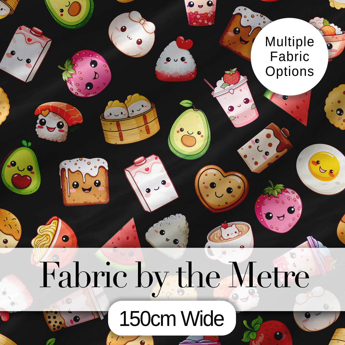 Kawaii Food Collection Sushi Fruit Drinks Cute Cartoon Seamless Pattern Digital Print Fabric by the Metre UK Sewing Quilting Textile
