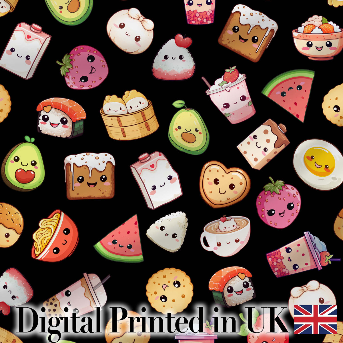 Kawaii Food Collection Sushi Fruit Drinks Cute Cartoon Seamless Pattern Digital Print Fabric by the Metre UK Sewing Quilting Textile