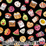 Kawaii Food Collection Sushi Fruit Drinks Cute Cartoon Seamless Pattern Digital Print Fabric by the Metre UK Sewing Quilting Textile