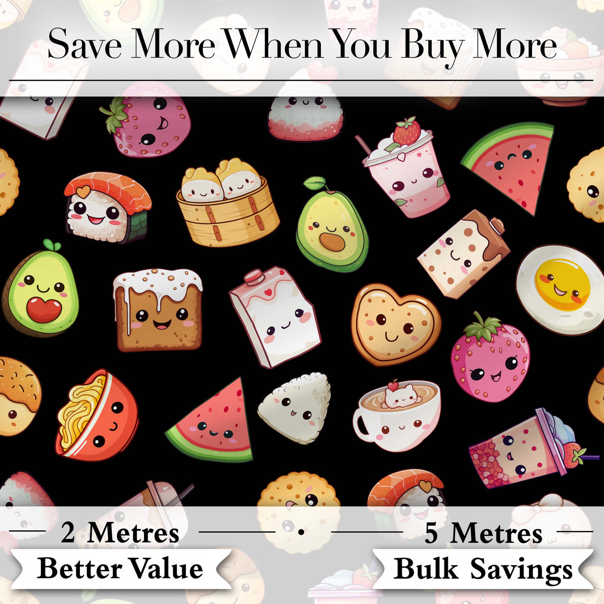 Kawaii Food Collection Sushi Fruit Drinks Cute Cartoon Seamless Pattern Digital Print Fabric by the Metre UK Sewing Quilting Textile