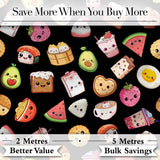 Kawaii Food Collection Sushi Fruit Drinks Cute Cartoon Seamless Pattern Digital Print Fabric by the Metre UK Sewing Quilting Textile