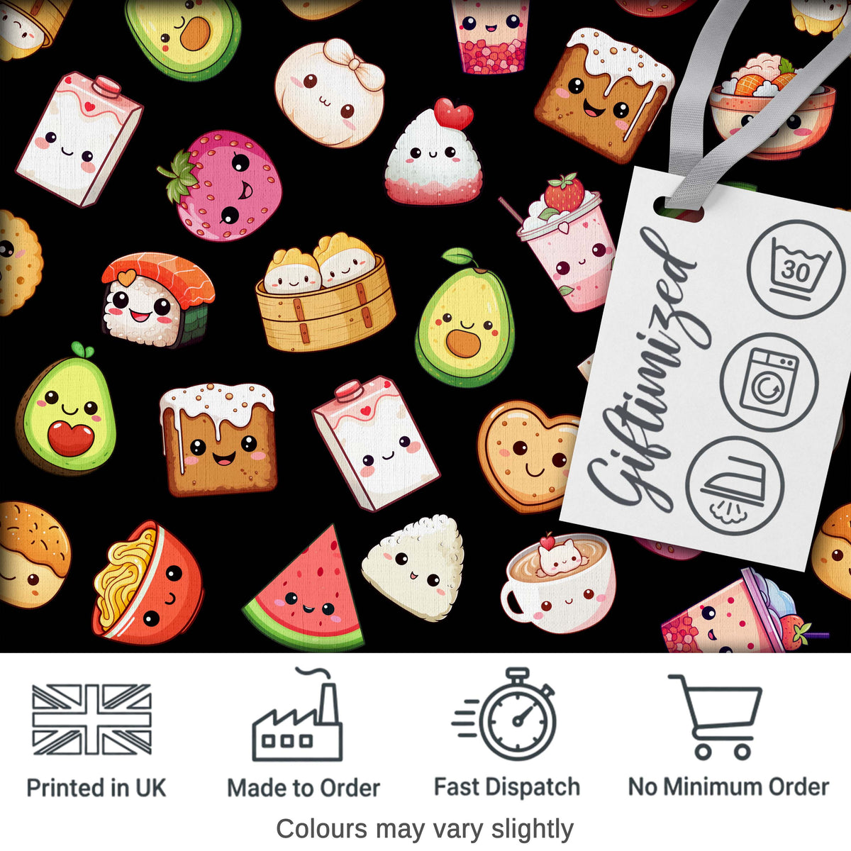 Kawaii Food Collection Sushi Fruit Drinks Cute Cartoon Seamless Pattern Digital Print Fabric by the Metre UK Sewing Quilting Textile