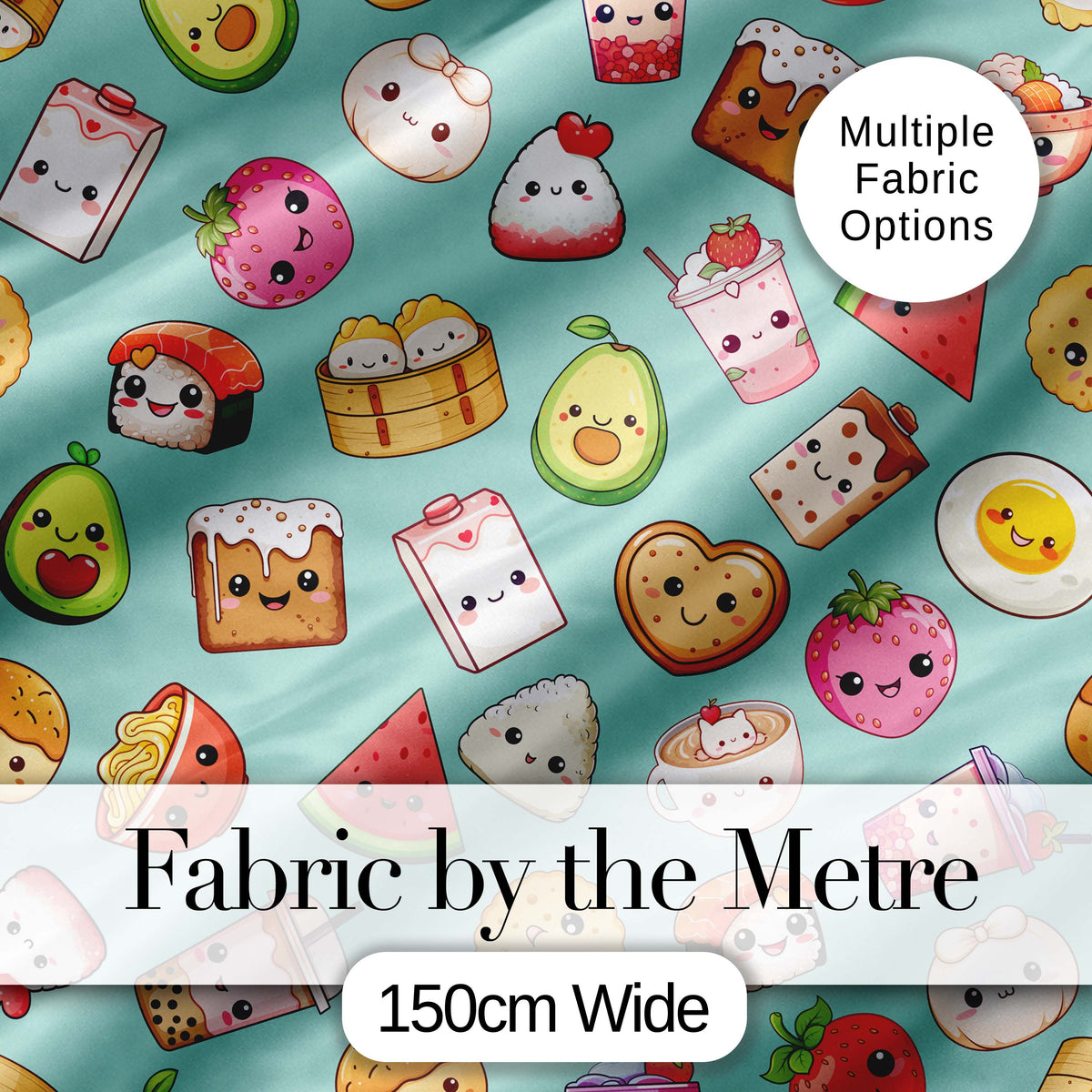 Kawaii Food Collection Sushi Fruit Drink Green Background Cute Seamless Pattern Digital Print Fabric by the Metre UK Sewing Quilting Textile