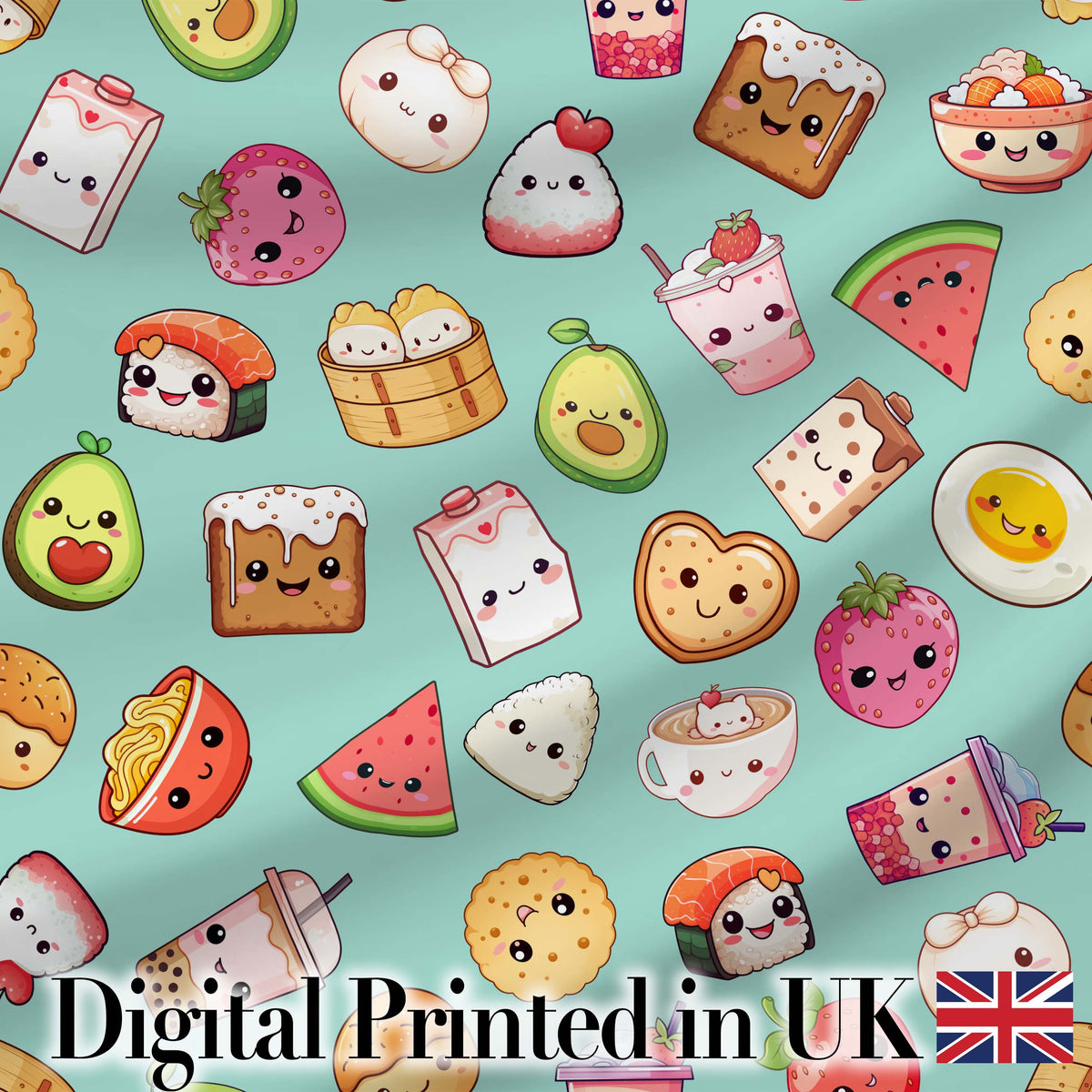 Kawaii Food Collection Sushi Fruit Drink Green Background Cute Seamless Pattern Digital Print Fabric by the Metre UK Sewing Quilting Textile
