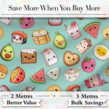 Kawaii Food Collection Sushi Fruit Drink Green Background Cute Seamless Pattern Digital Print Fabric by the Metre UK Sewing Quilting Textile