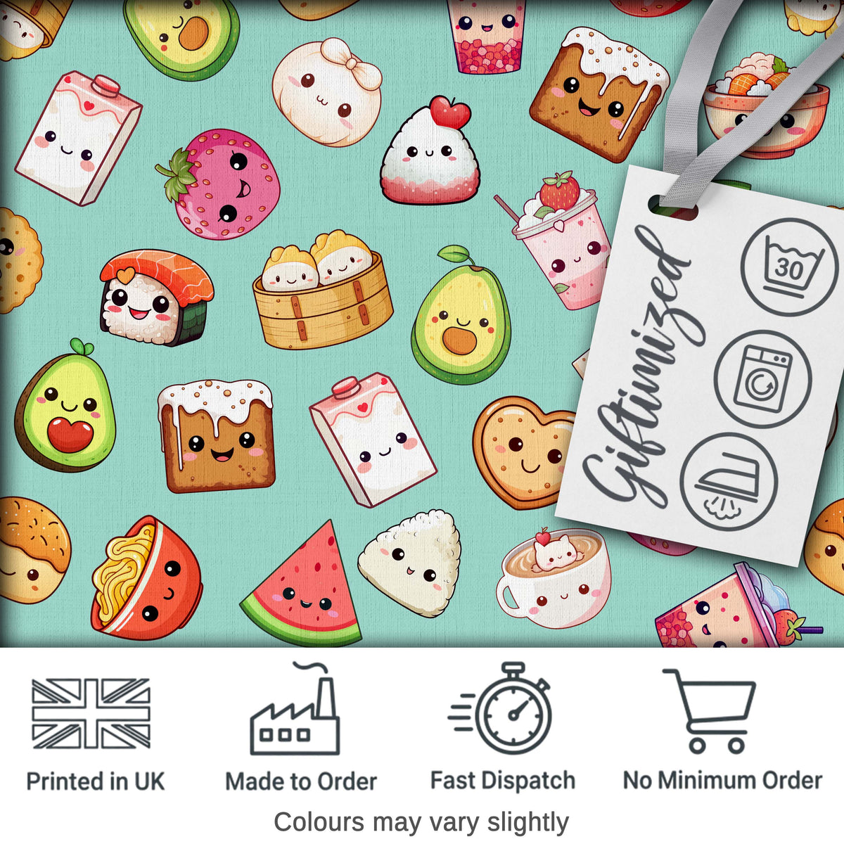 Kawaii Food Collection Sushi Fruit Drink Green Background Cute Seamless Pattern Digital Print Fabric by the Metre UK Sewing Quilting Textile