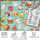 Kawaii Food Collection Sushi Fruit Drink Green Background Cute Seamless Pattern Digital Print Fabric by the Metre UK Sewing Quilting Textile