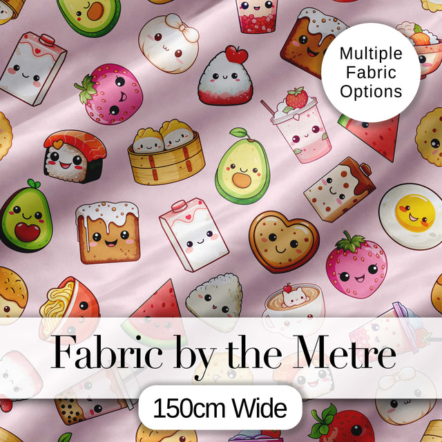 Kawaii Food Collection Sushi Fruit Drinks Pink Background Cute Seamless Pattern Digital Print Fabric by the Metre UK Sewing Quilting Textile