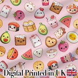 Kawaii Food Collection Sushi Fruit Drinks Pink Background Cute Seamless Pattern Digital Print Fabric by the Metre UK Sewing Quilting Textile
