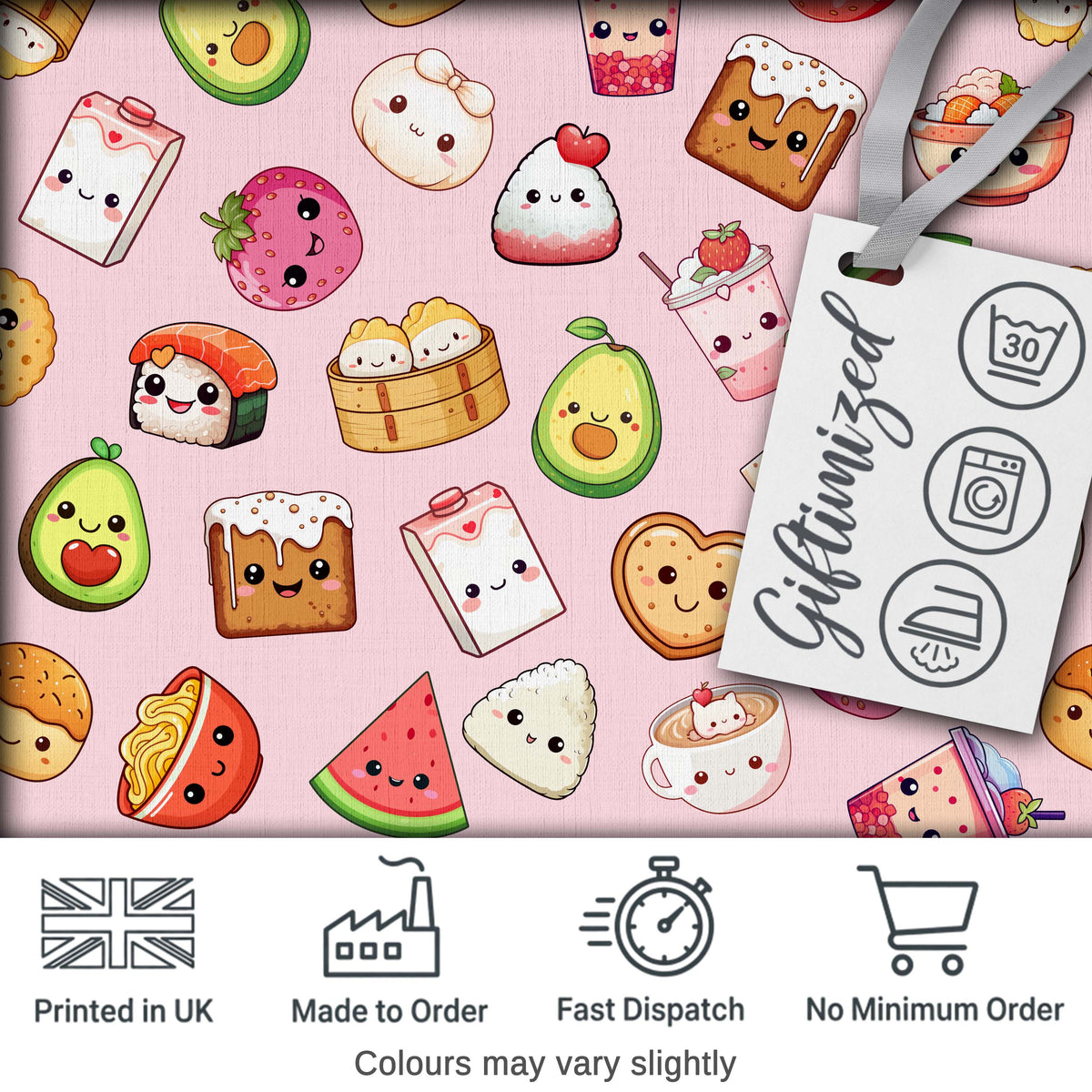 Kawaii Food Collection Sushi Fruit Drinks Pink Background Cute Seamless Pattern Digital Print Fabric by the Metre UK Sewing Quilting Textile