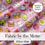 Kawaii Food Collection Sushi Fruit Drinks Soft Pink Cute Seamless Pattern Digital Print Fabric by the Metre UK Sewing Quilting Textile