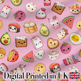 Kawaii Food Collection Sushi Fruit Drinks Soft Pink Cute Seamless Pattern Digital Print Fabric by the Metre UK Sewing Quilting Textile