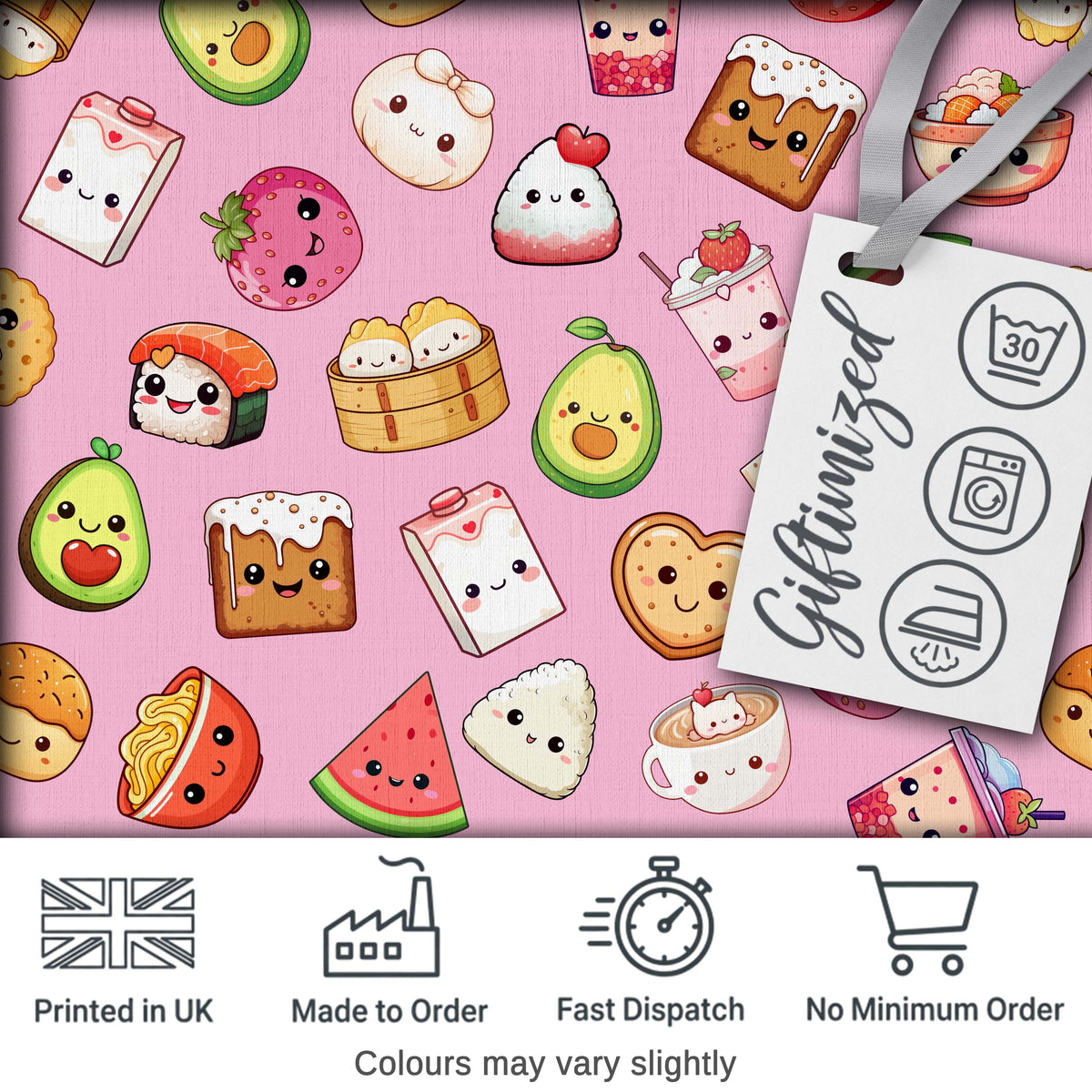 Kawaii Food Collection Sushi Fruit Drinks Soft Pink Cute Seamless Pattern Digital Print Fabric by the Metre UK Sewing Quilting Textile