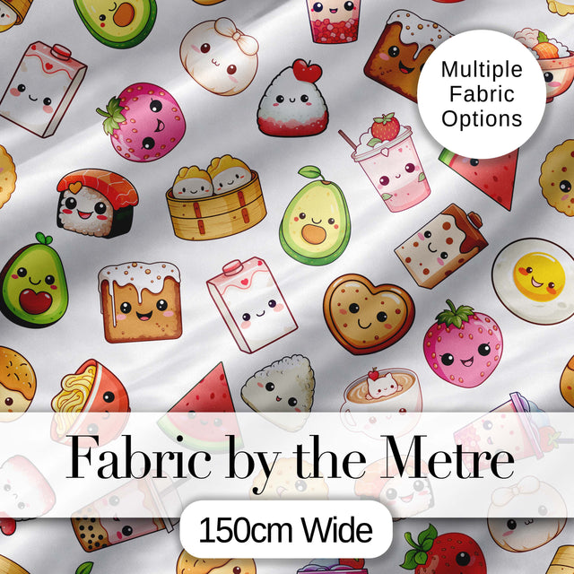 Kawaii Food Collection Cute Sushi Fruit Drinks Cartoon Seamless Pattern Digital Print Fabric by the Metre UK Sewing Quilting Textile