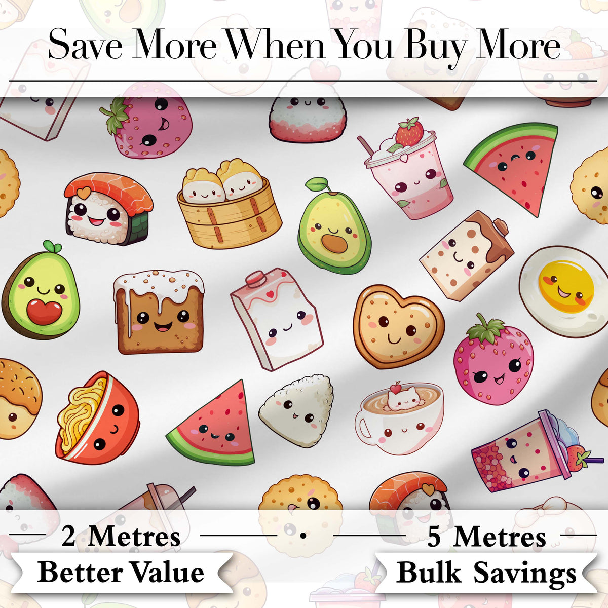 Kawaii Food Collection Cute Sushi Fruit Drinks Cartoon Seamless Pattern Digital Print Fabric by the Metre UK Sewing Quilting Textile
