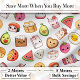 Kawaii Food Collection Cute Sushi Fruit Drinks Cartoon Seamless Pattern Digital Print Fabric by the Metre UK Sewing Quilting Textile