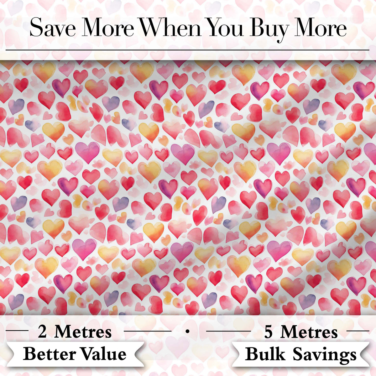 Watercolor Pink Red Hearts Love Romantic Seamless Pattern Digital Print Fabric by the Metre UK Sewing Quilting Textile