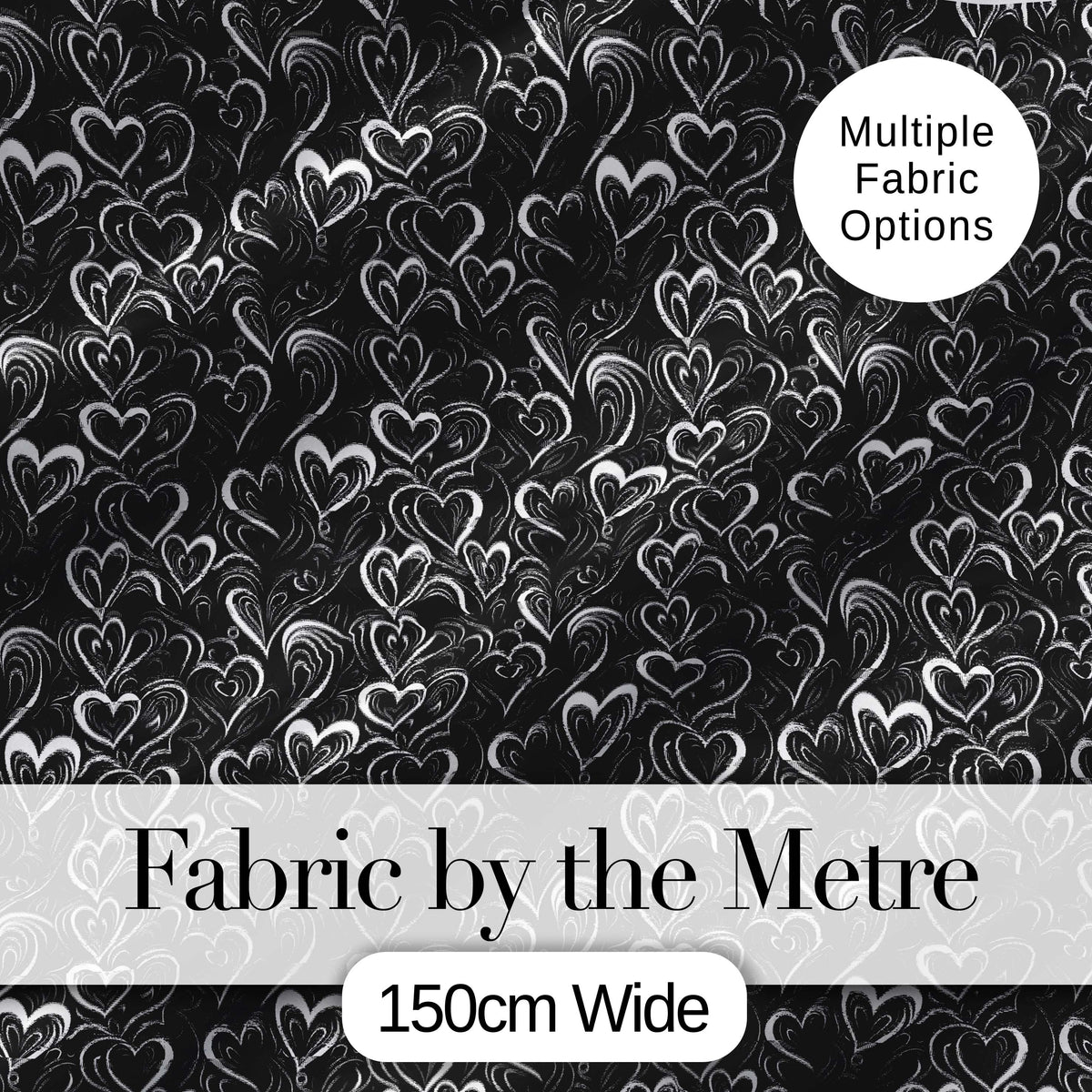 Elegant Black White Swirl Hearts Decorative Seamless Pattern Digital Print Fabric by the Metre UK Sewing Quilting Textile