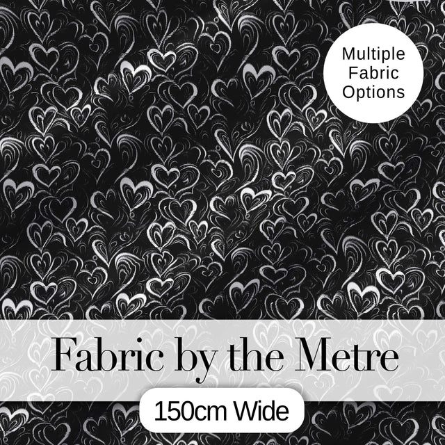 Elegant Black White Swirl Hearts Decorative Seamless Pattern Digital Print Fabric by the Metre UK Sewing Quilting Textile