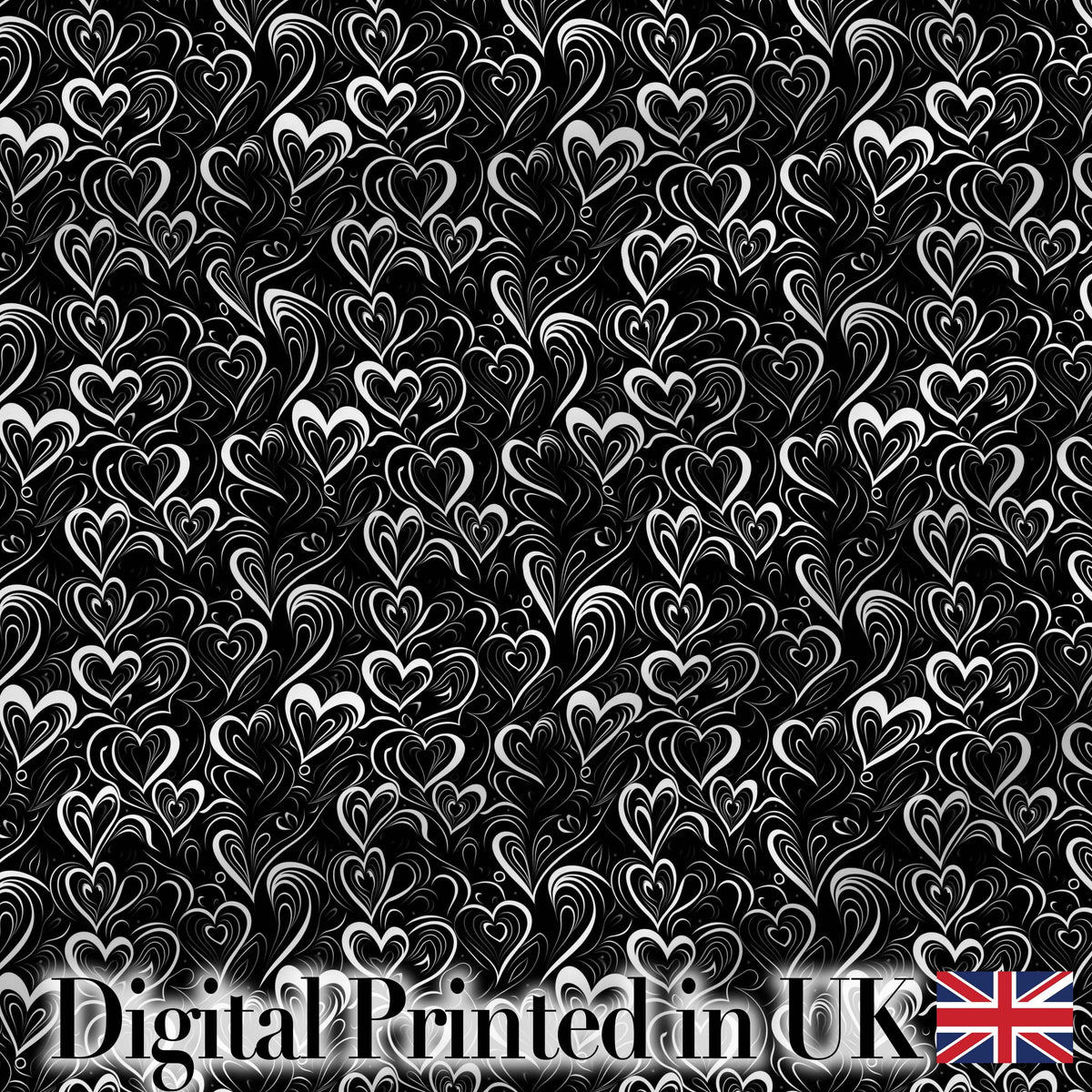 Elegant Black White Swirl Hearts Decorative Seamless Pattern Digital Print Fabric by the Metre UK Sewing Quilting Textile