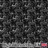 Elegant Black White Swirl Hearts Decorative Seamless Pattern Digital Print Fabric by the Metre UK Sewing Quilting Textile
