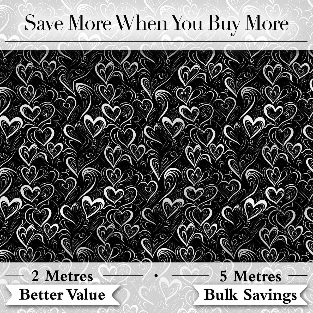 Elegant Black White Swirl Hearts Decorative Seamless Pattern Digital Print Fabric by the Metre UK Sewing Quilting Textile