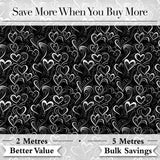 Elegant Black White Swirl Hearts Decorative Seamless Pattern Digital Print Fabric by the Metre UK Sewing Quilting Textile