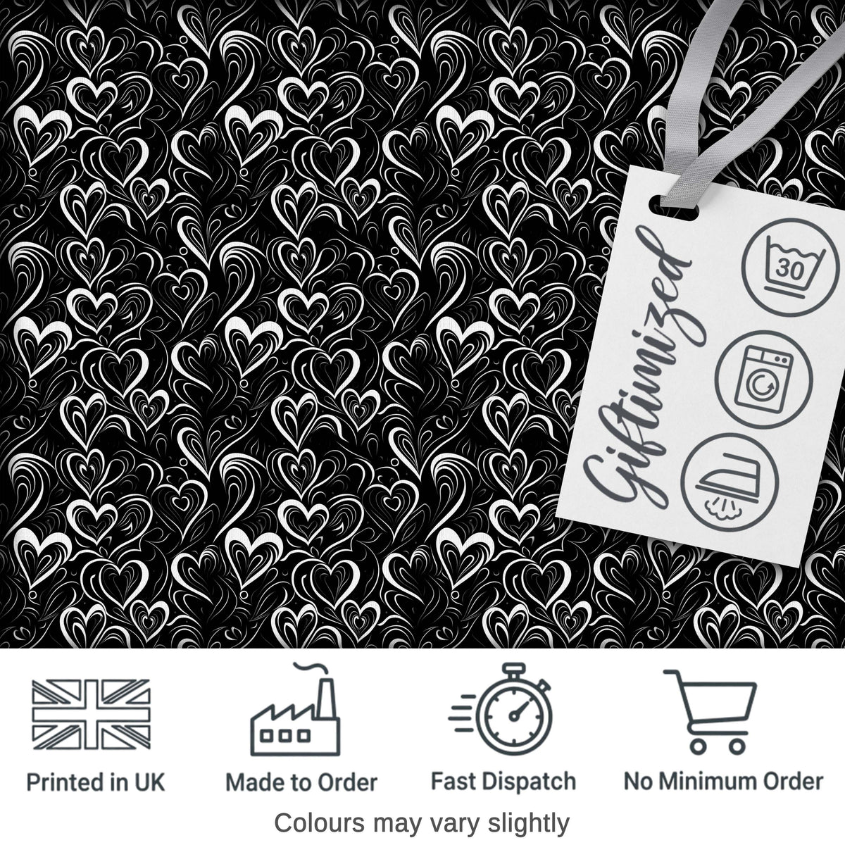Elegant Black White Swirl Hearts Decorative Seamless Pattern Digital Print Fabric by the Metre UK Sewing Quilting Textile