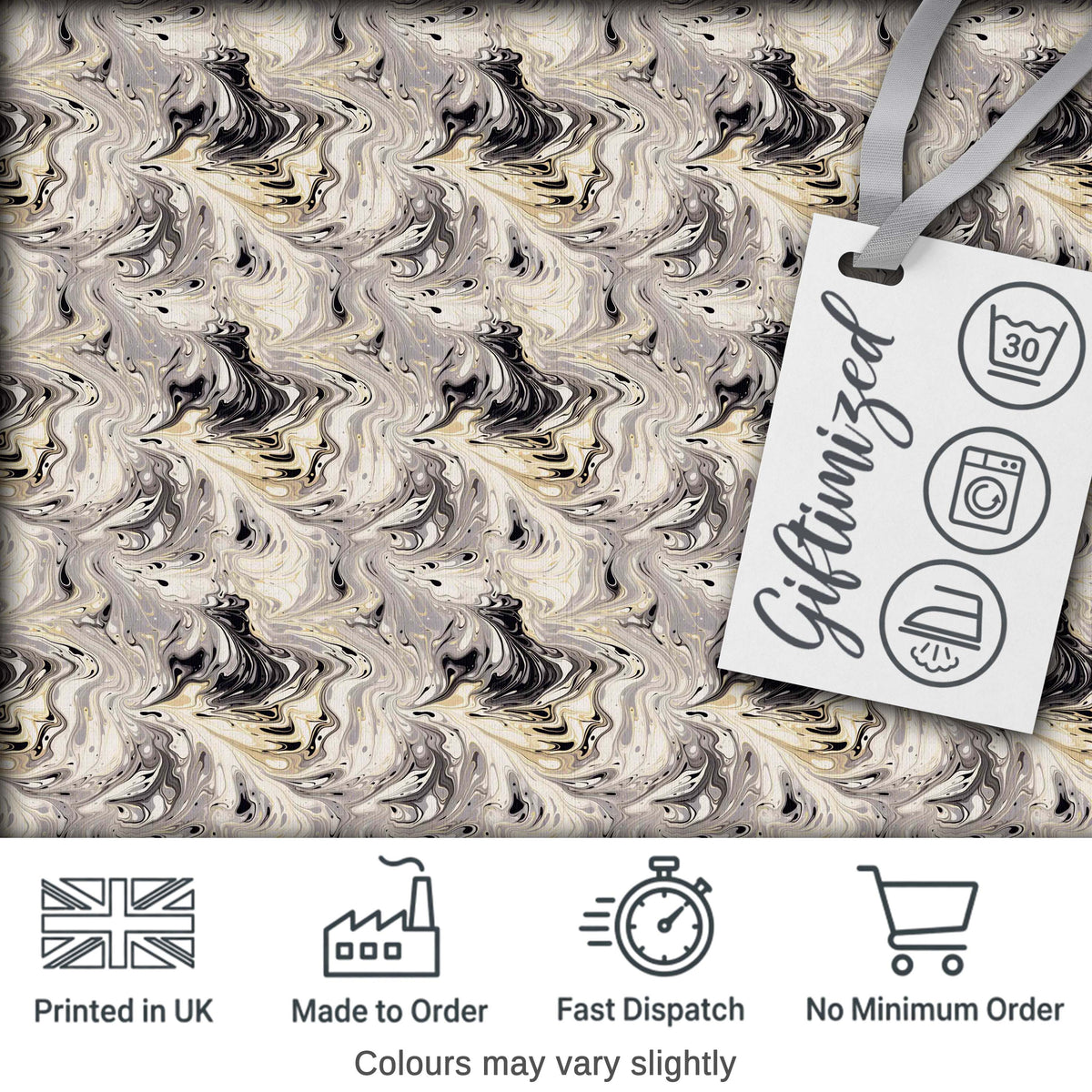Neutral Beige Black Fluid Marble Abstract Swirl Seamless Pattern Digital Print Fabric by the Metre UK Sewing Quilting Textile