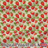 Fresh Red Strawberries White Blossom Seamless Pattern Digital Print Fabric by the Metre UK Sewing Quilting Textile