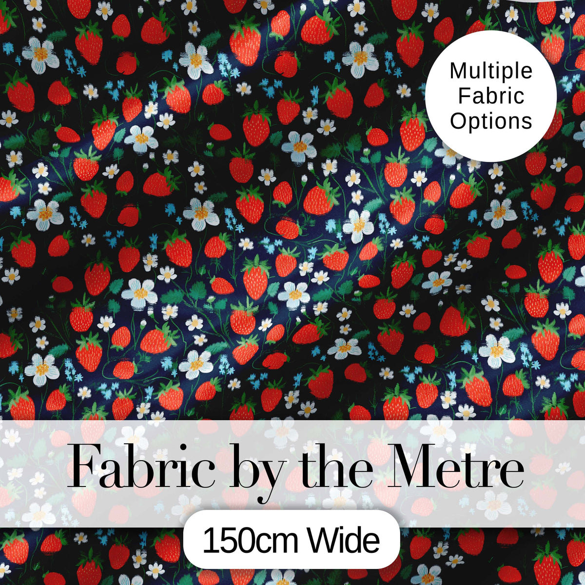 Wild Strawberry Floral Navy Background Seamless Pattern Digital Print Fabric by the Metre UK Sewing Quilting Textile