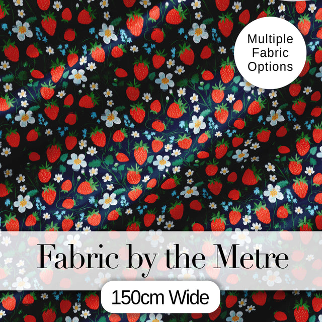 Wild Strawberry Floral Navy Background Seamless Pattern Digital Print Fabric by the Metre UK Sewing Quilting Textile
