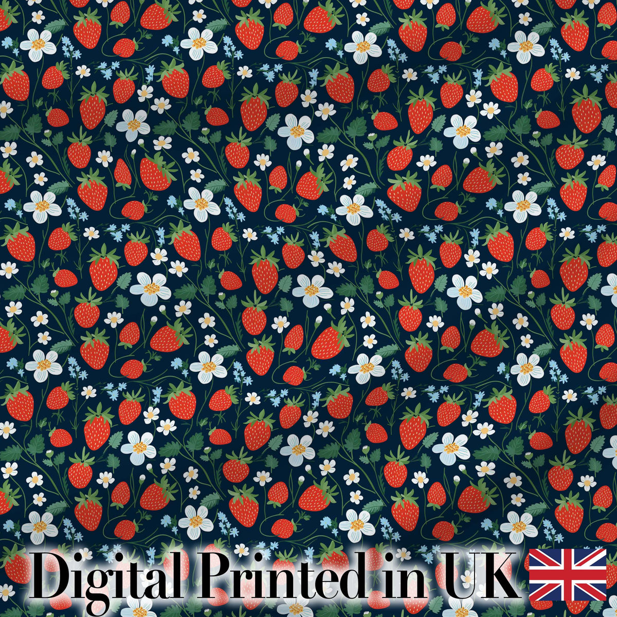 Wild Strawberry Floral Navy Background Seamless Pattern Digital Print Fabric by the Metre UK Sewing Quilting Textile