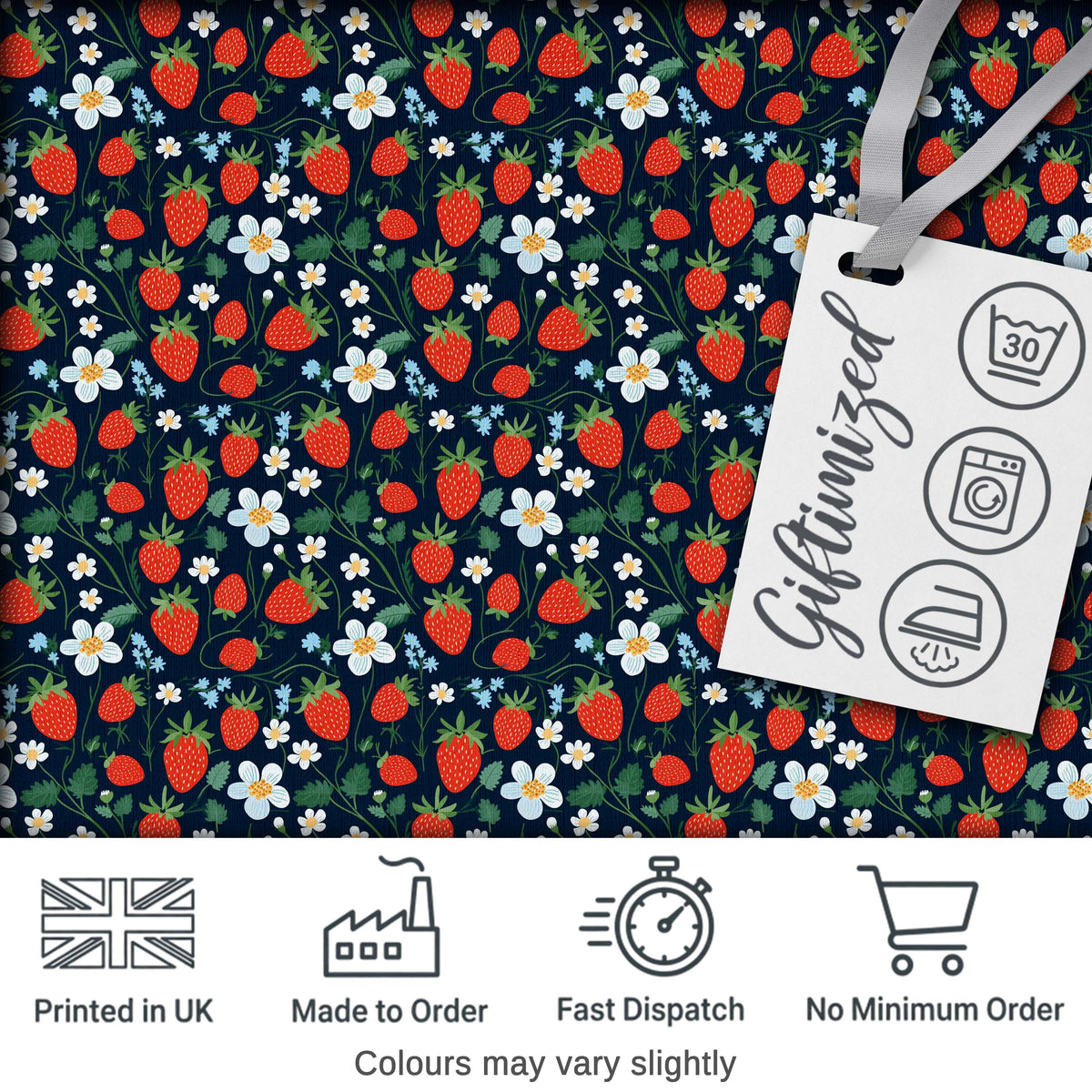 Wild Strawberry Floral Navy Background Seamless Pattern Digital Print Fabric by the Metre UK Sewing Quilting Textile
