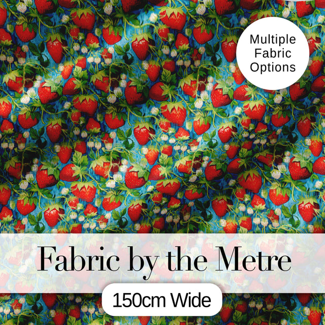 Juicy Strawberry Vine Blue Background Seamless Pattern Digital Print Fabric by the Metre UK Sewing Quilting Textile