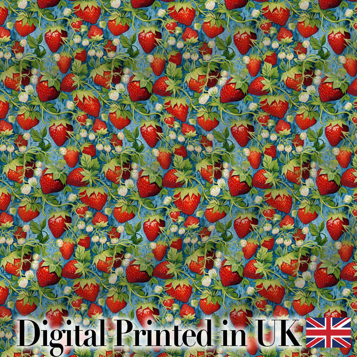 Juicy Strawberry Vine Blue Background Seamless Pattern Digital Print Fabric by the Metre UK Sewing Quilting Textile