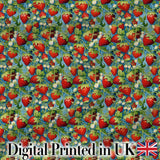 Juicy Strawberry Vine Blue Background Seamless Pattern Digital Print Fabric by the Metre UK Sewing Quilting Textile