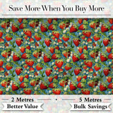 Juicy Strawberry Vine Blue Background Seamless Pattern Digital Print Fabric by the Metre UK Sewing Quilting Textile