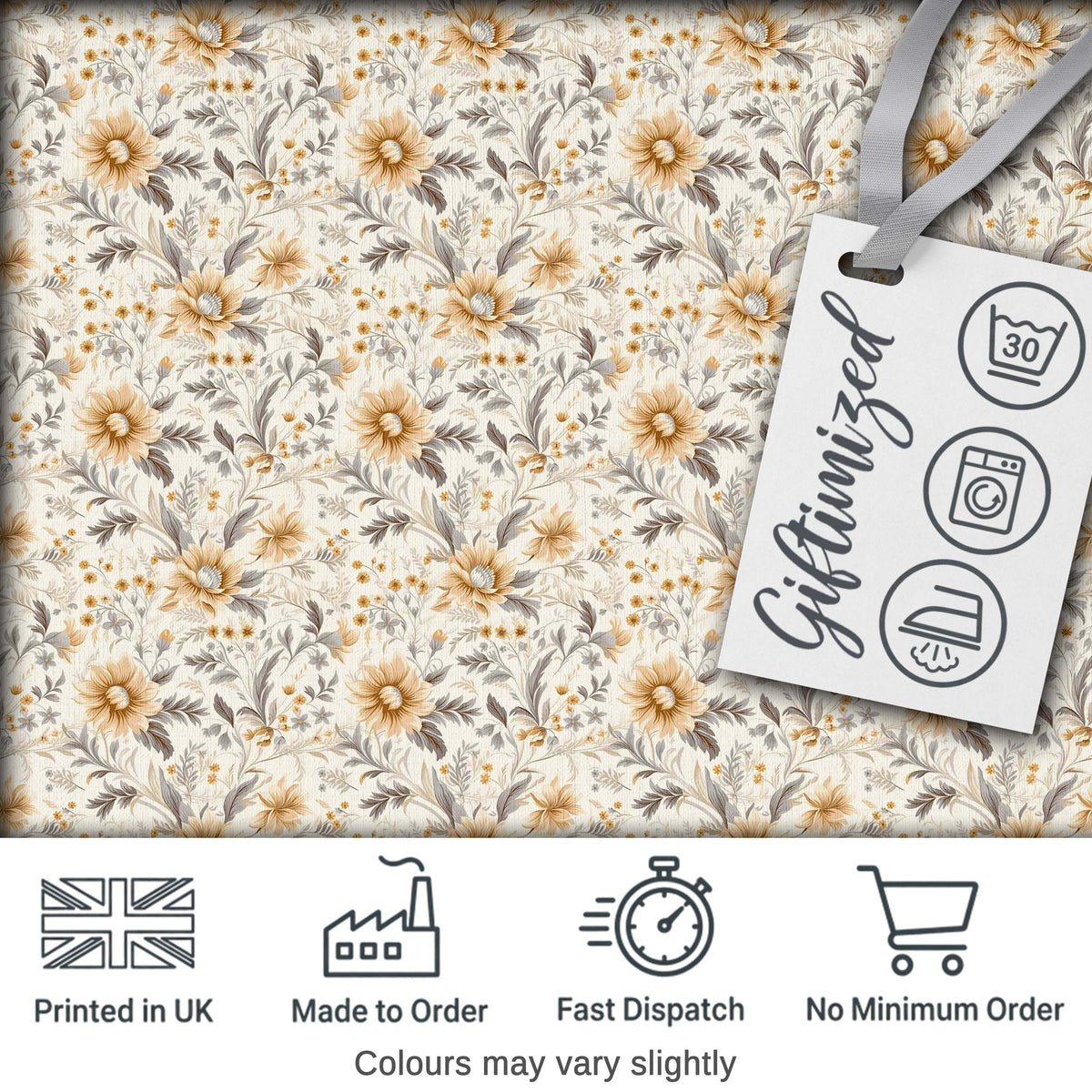 Delicate Golden Wildflower Botanical Seamless Pattern Digital Print Fabric by the Metre UK Sewing Quilting Textile